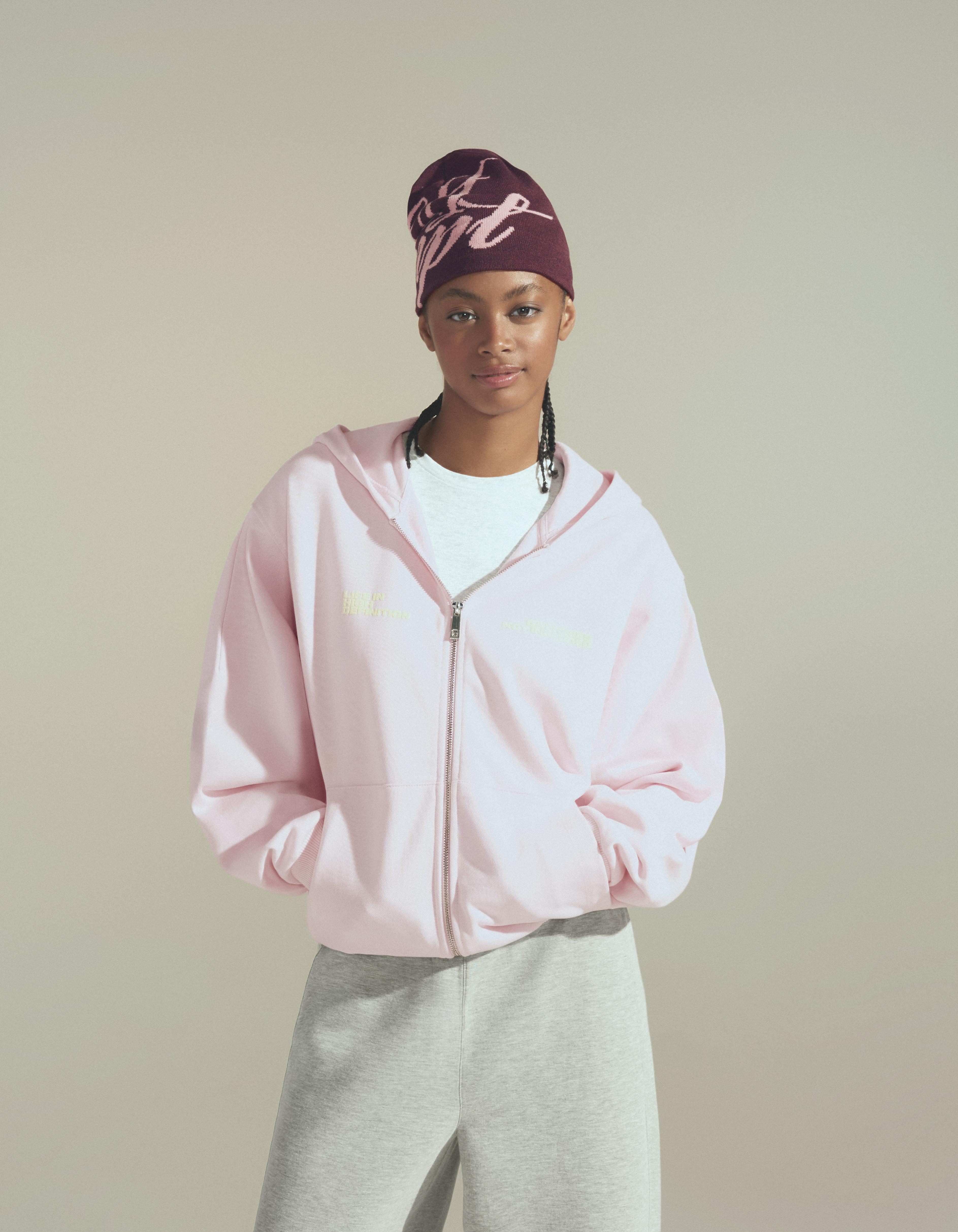 Bershka Bluza Oversize Z Kapturem, Suwakiem I Nadrukiem Kobieta Różowy