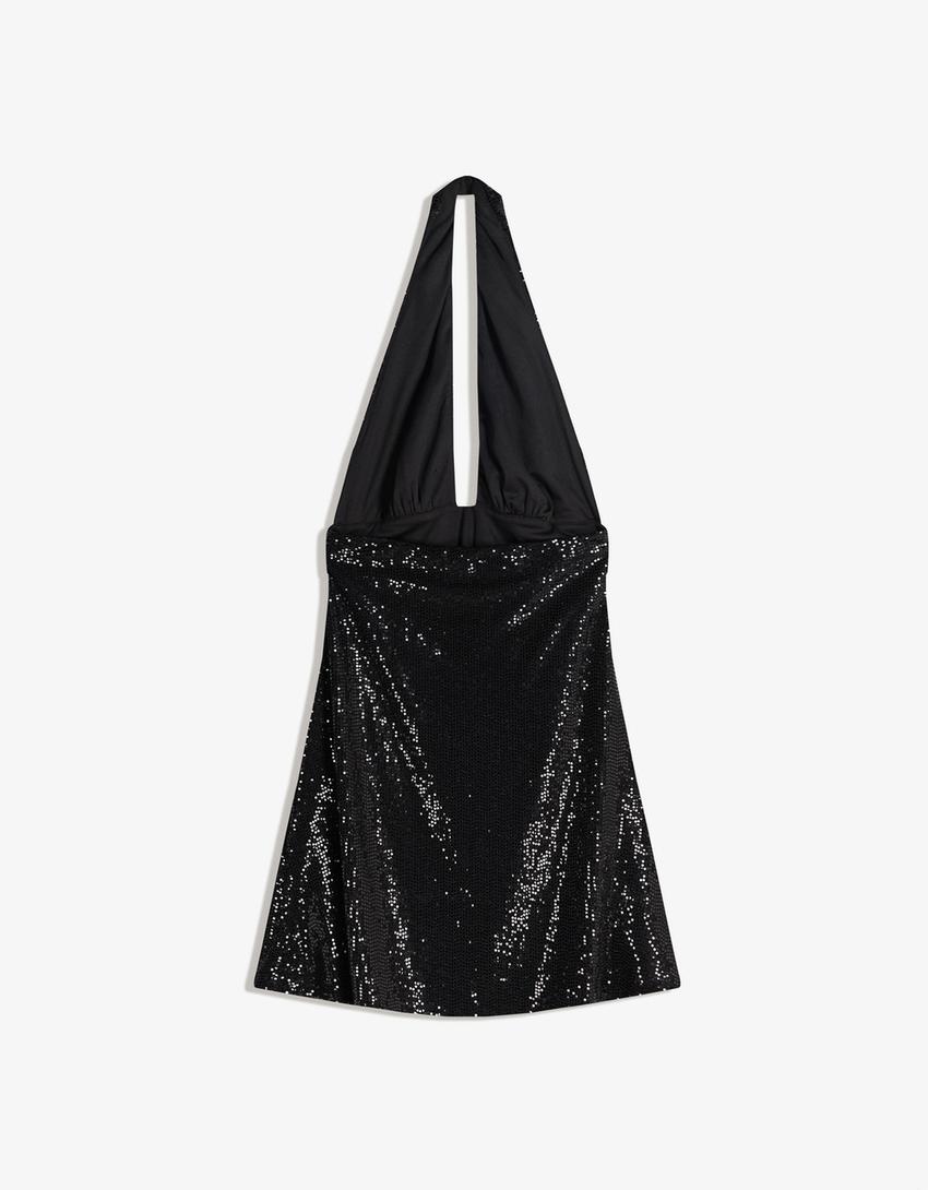Mini shimmery ruched halter dress-Black