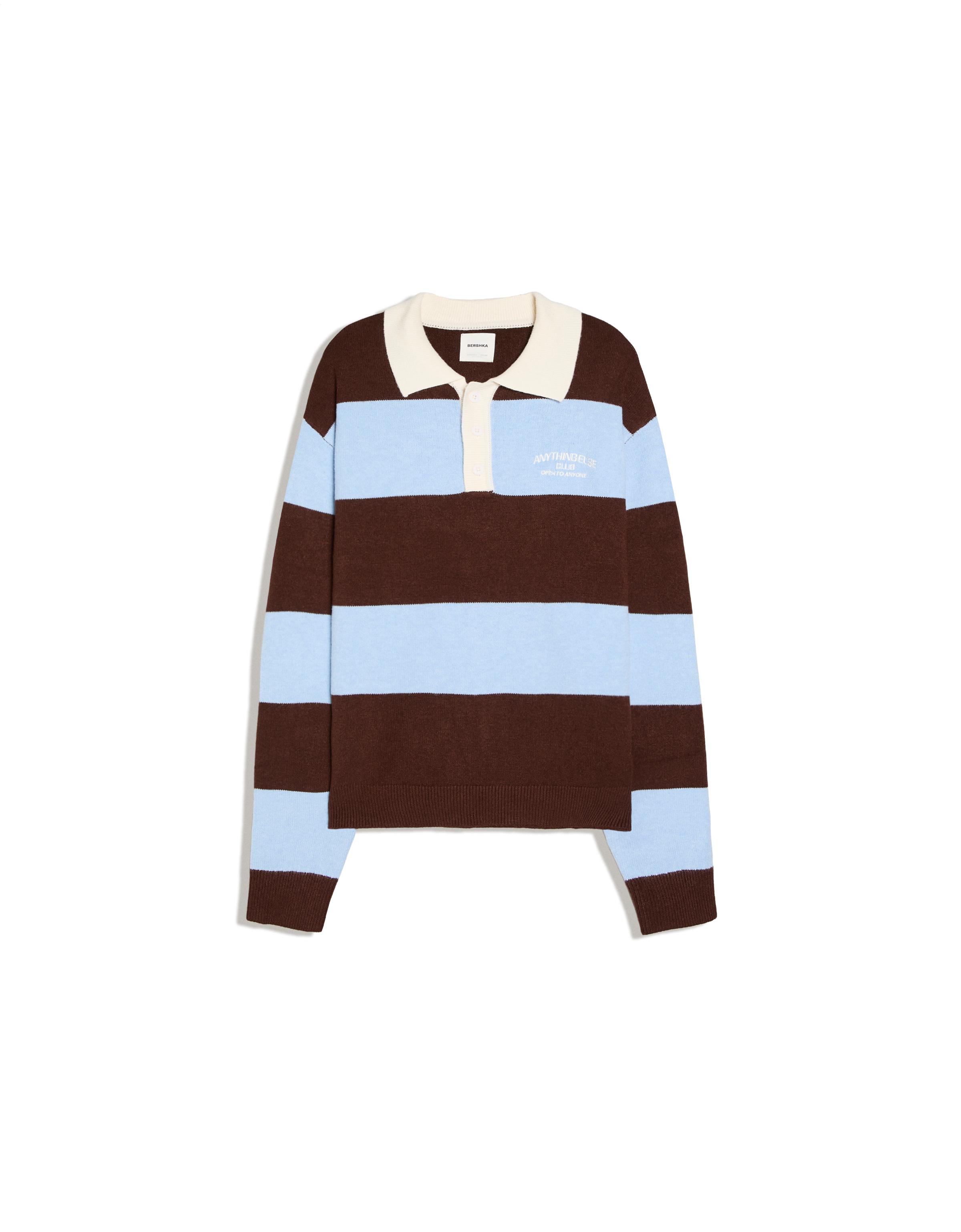 Contrast stripe polo collar jumper — Brown