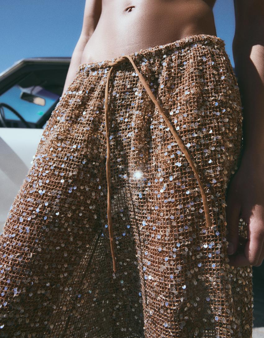 Sequin sarouel trousers-Camel
