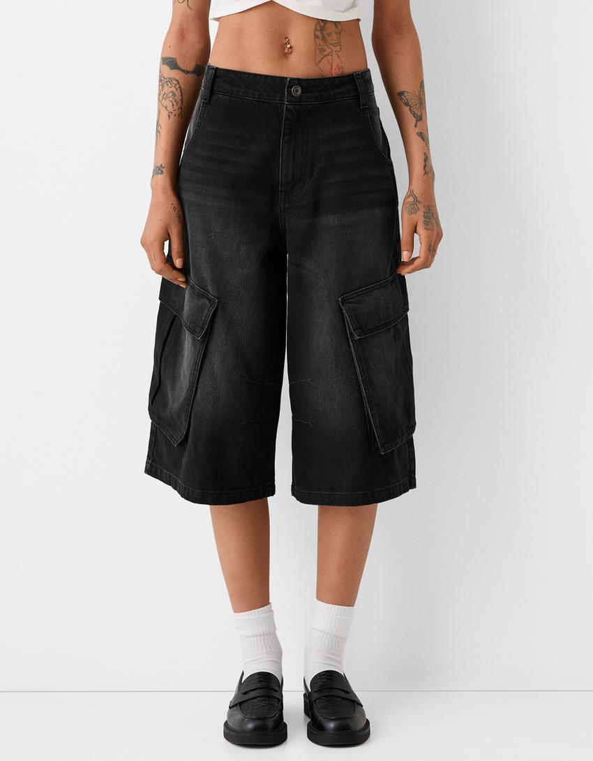 Baggy kargo bermuda jort-Siyah-1