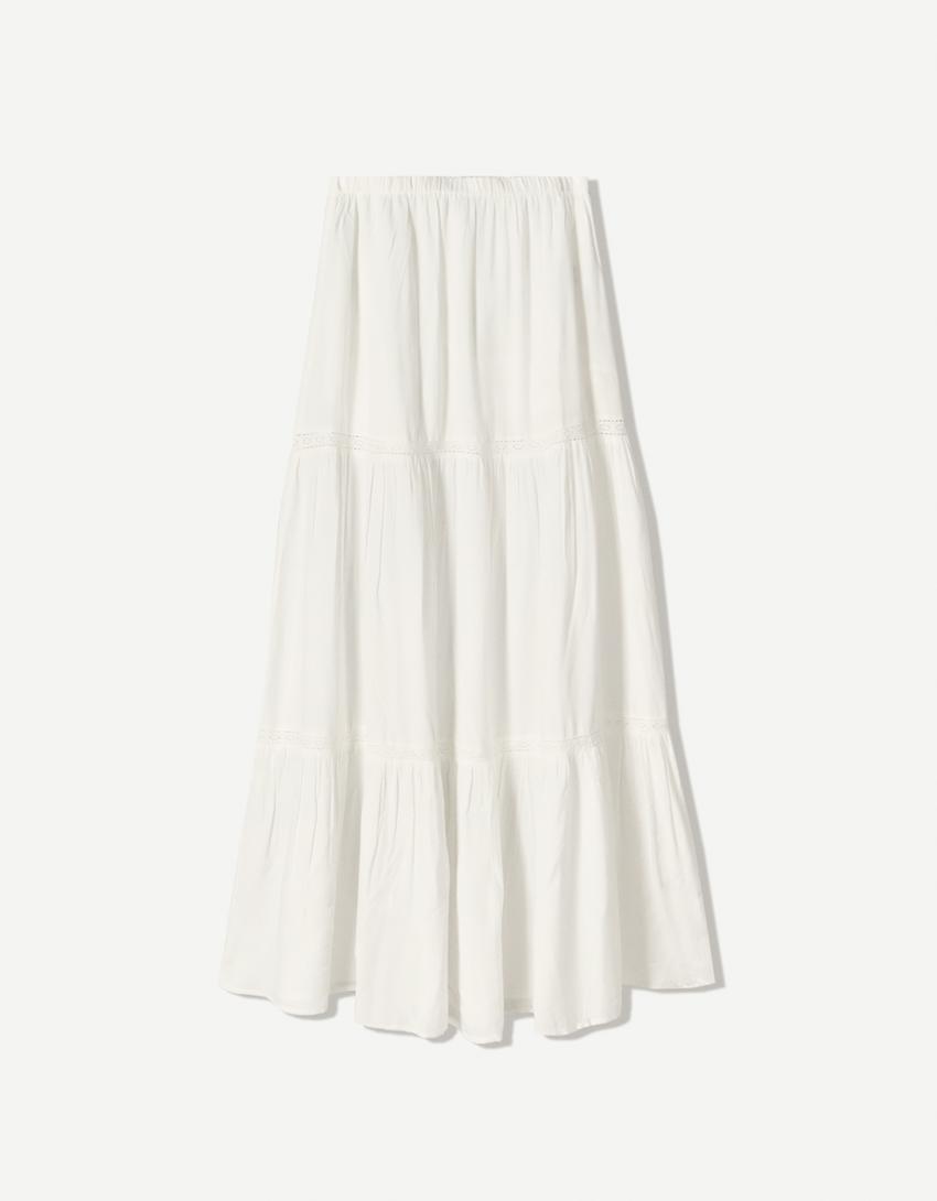 Midi skirt with lace trim-White