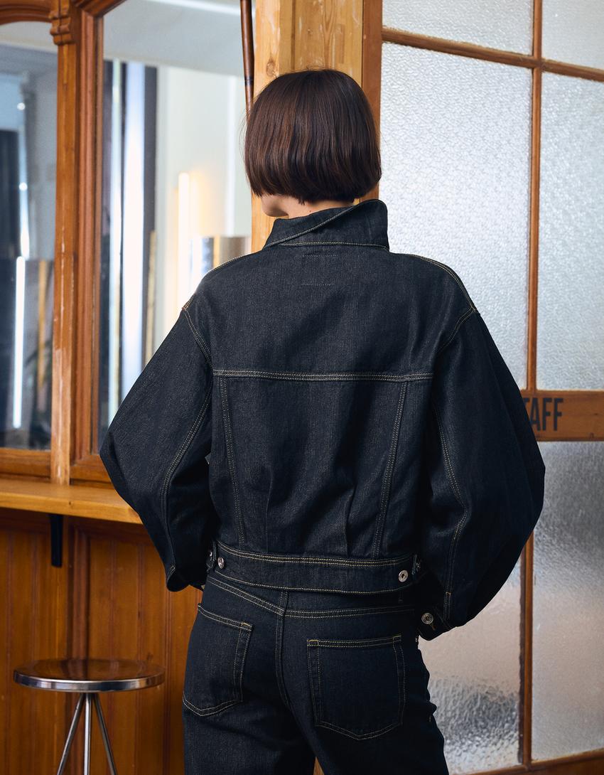 Balloon cropped denim jacket-Navy