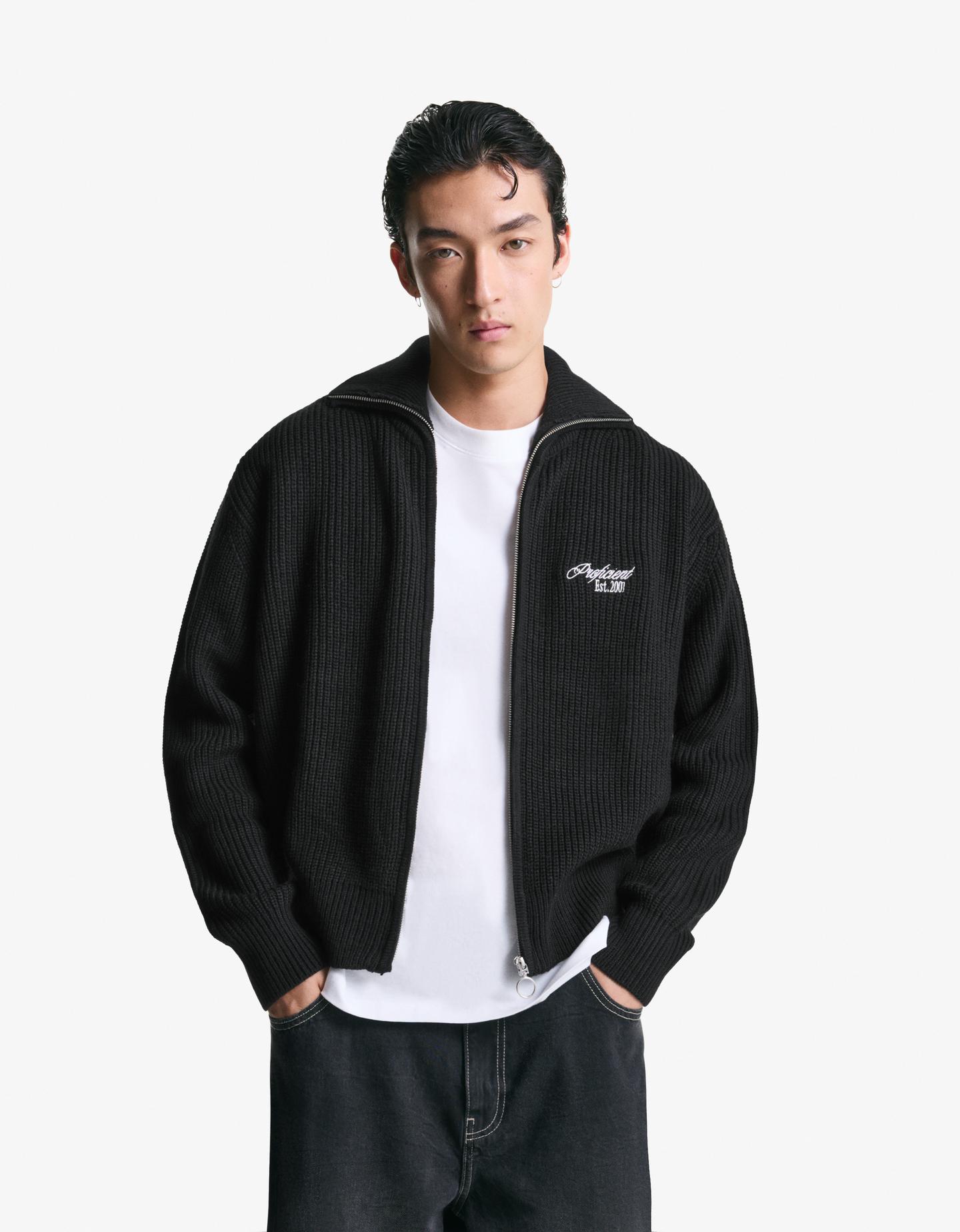 Bershka Chaqueta Cremallera Bordado Hombre S Negro