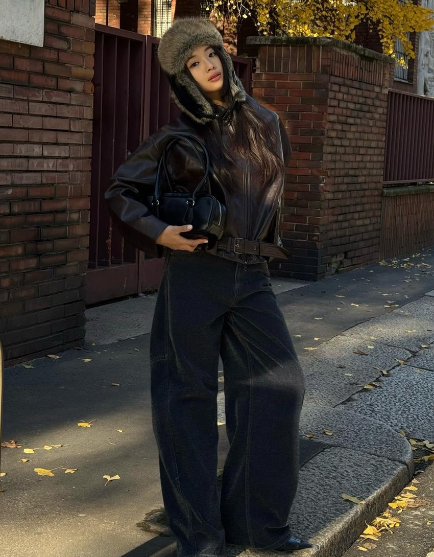 Faux leather bomber jacket with belt-Brown