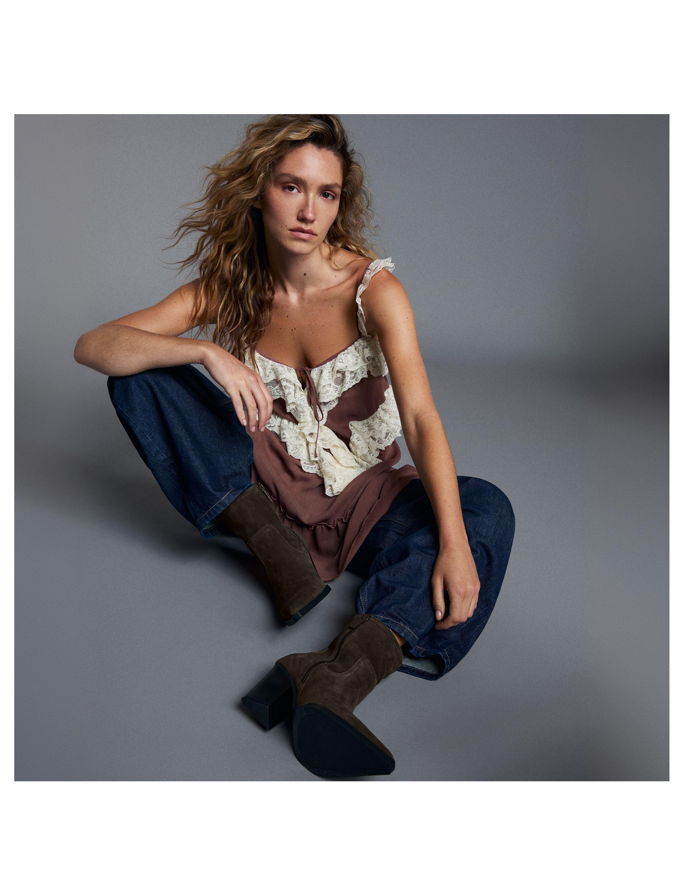 Leather cowboy heel ankle boots — TAUPE