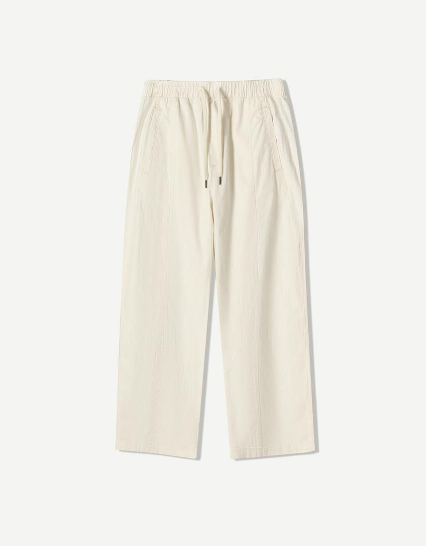 Super baggy striped fabric trousers-Cream