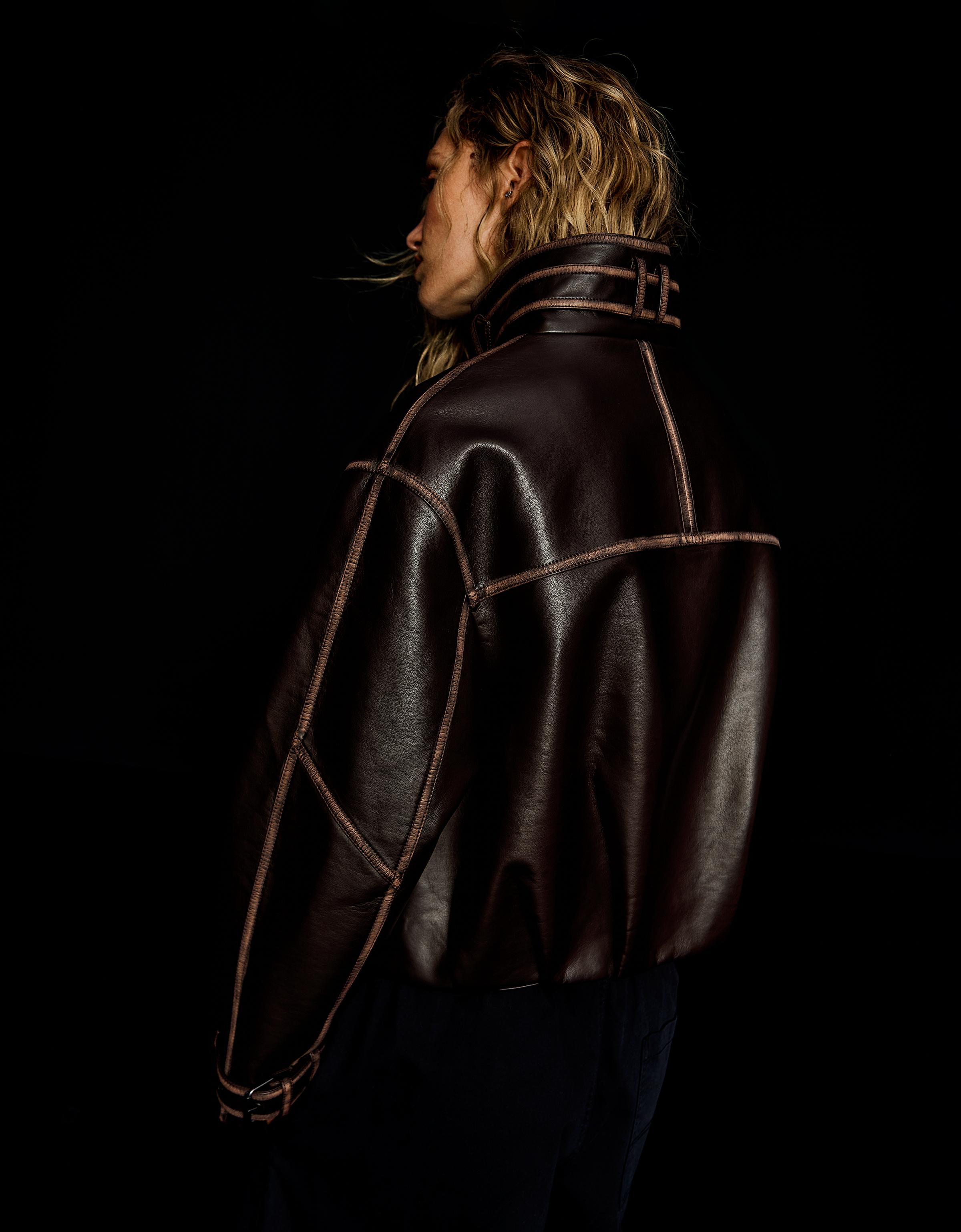 Leather effect funnel neck jacket — Brown