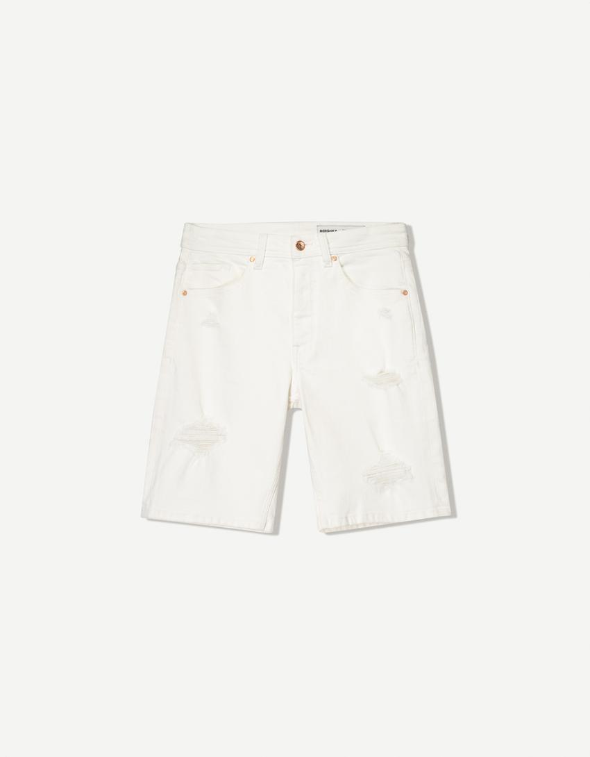 Bermuda en jean déchiré-Blanc