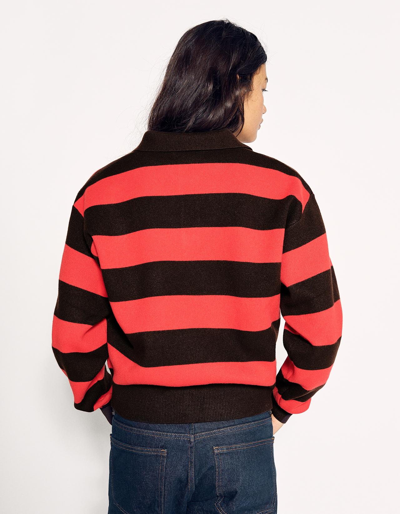 Button-up boxy polo collar jumper — Brown