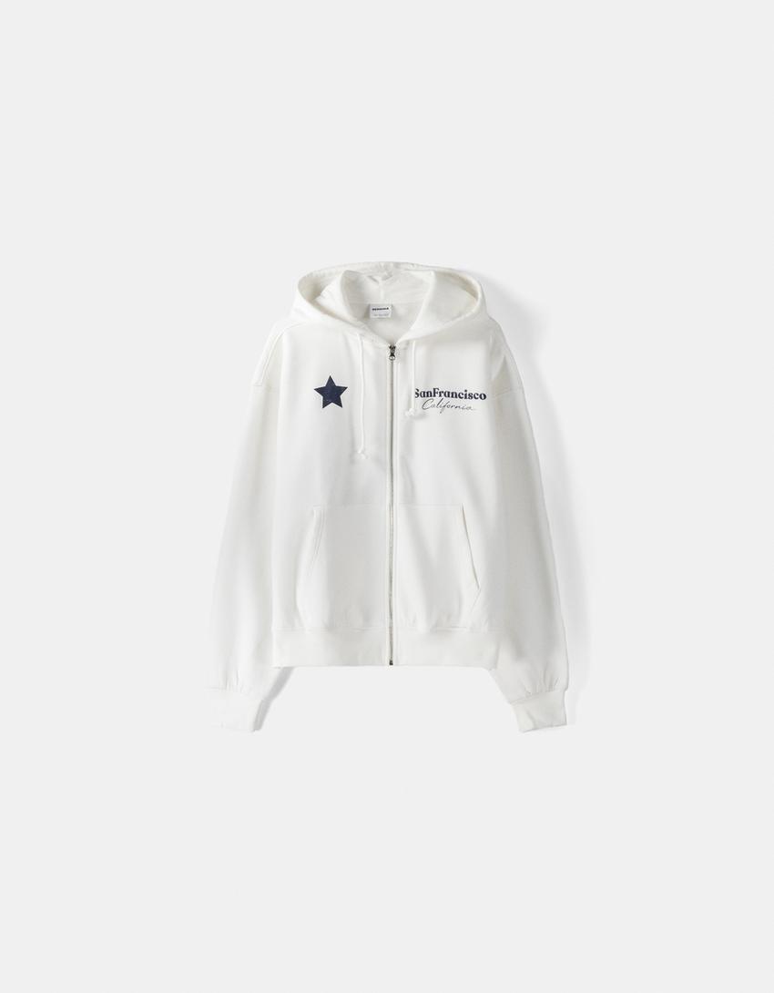 Zip-up print hoodie-Off white-4