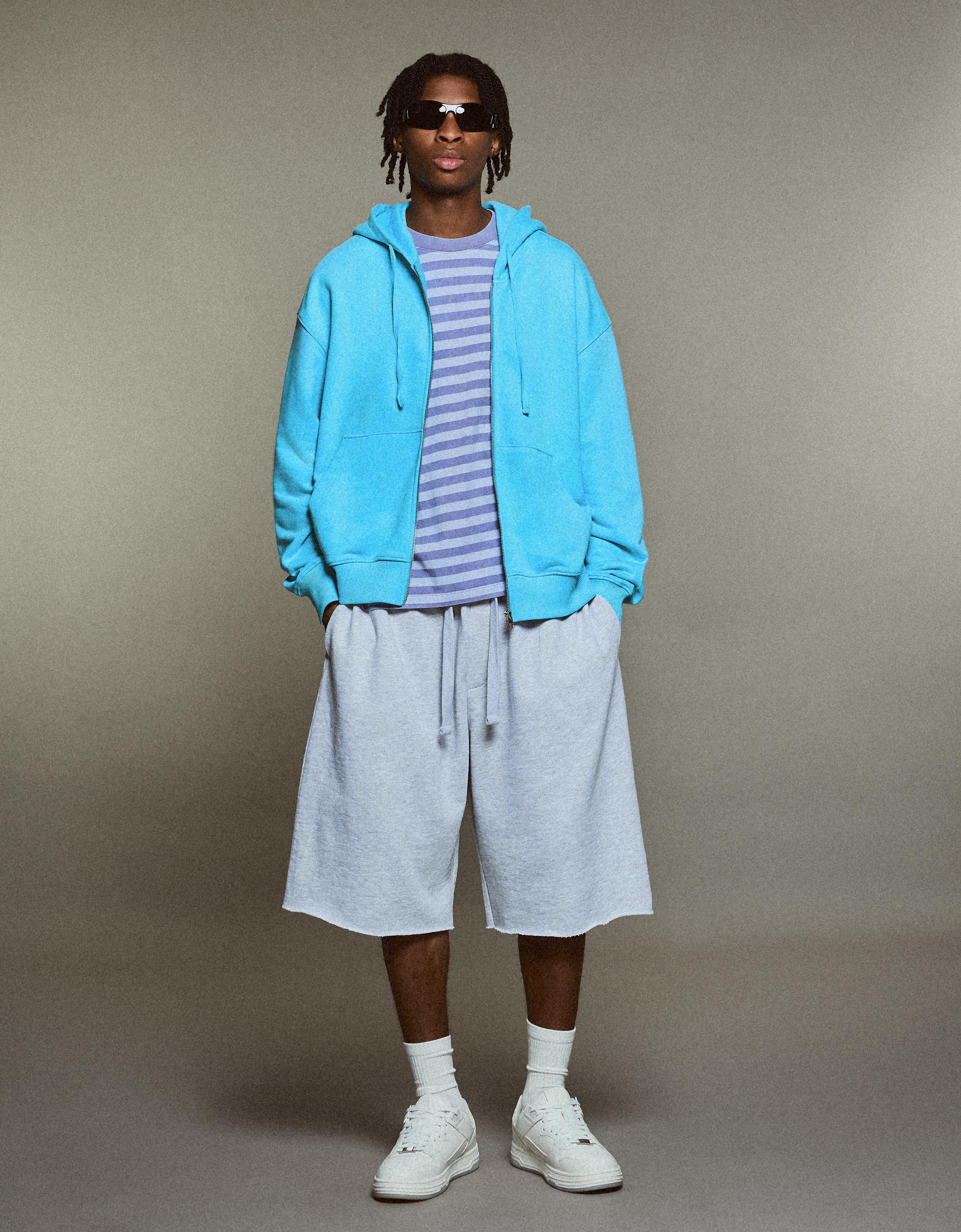 Bershka Sudadera Cremallera Capucha Hombre Azul Claro