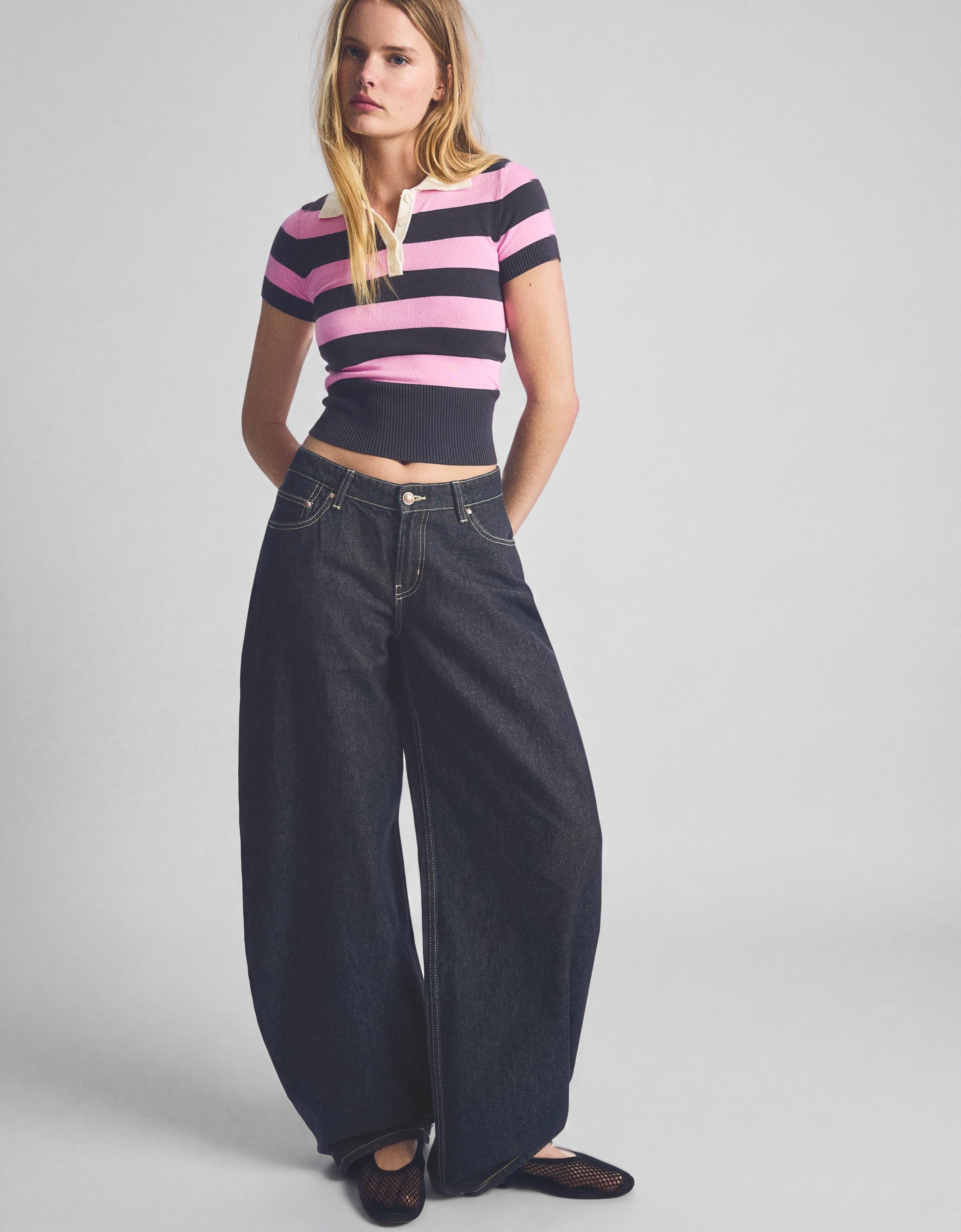 Short-sleeved stripe knit jumper — Pink