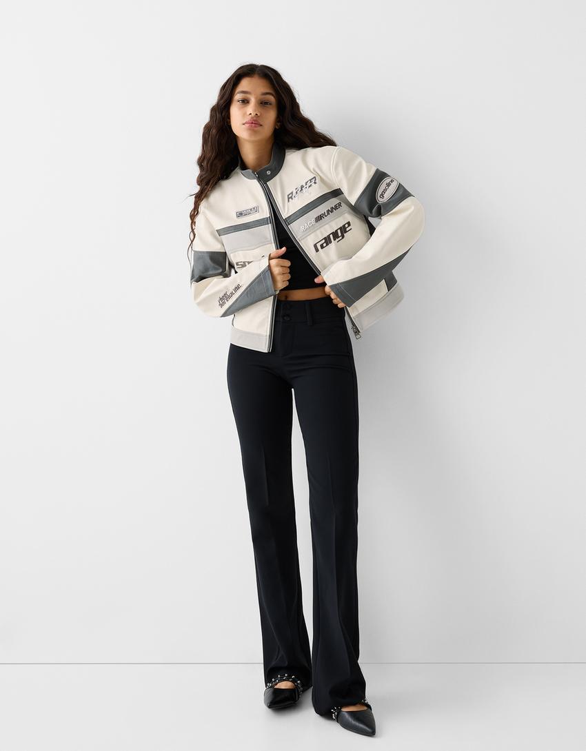 Leather effect embroidered racing jacket-Grey