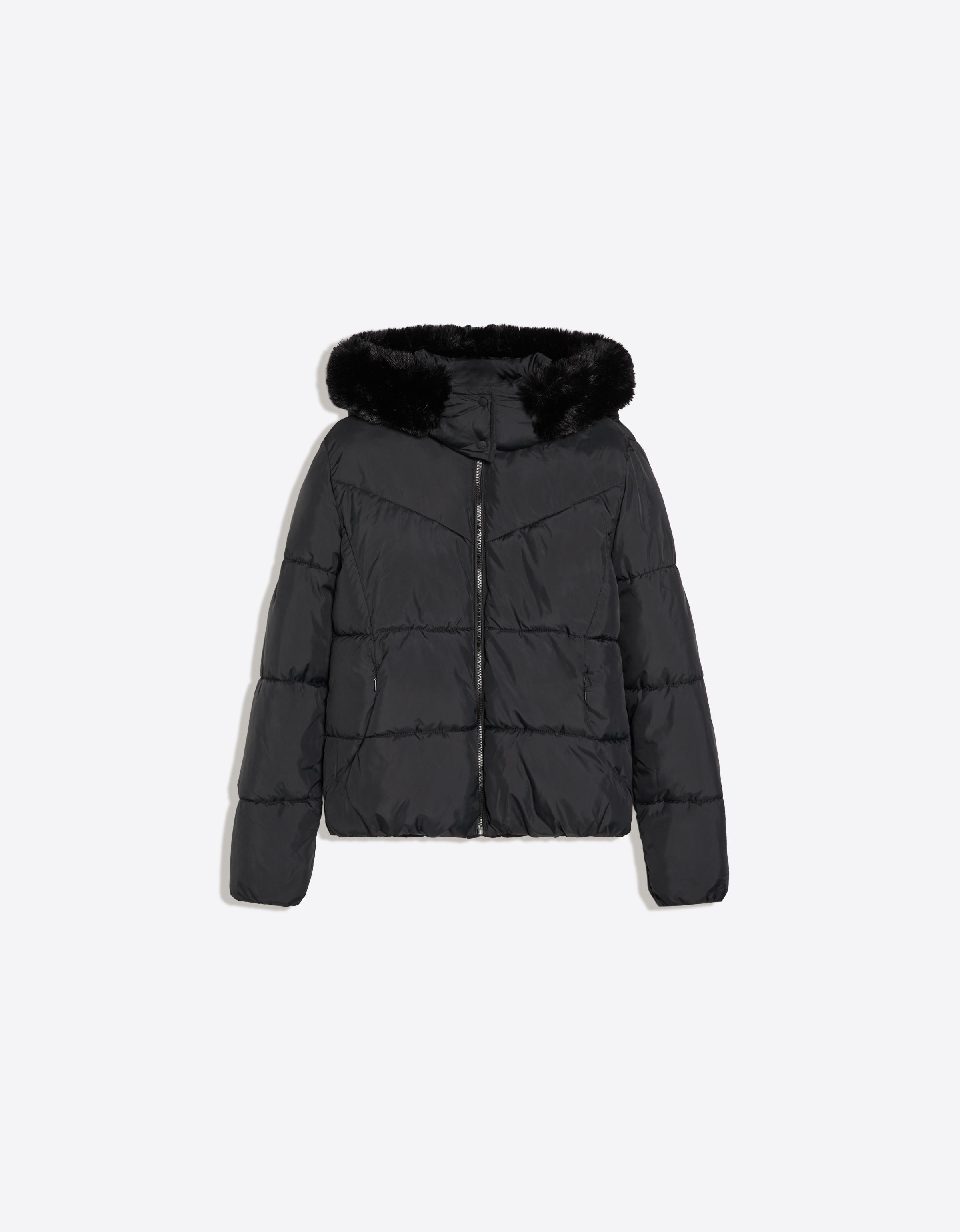 Bershka Cazadora Acolchada Capucha Pelo Mujer Negro
