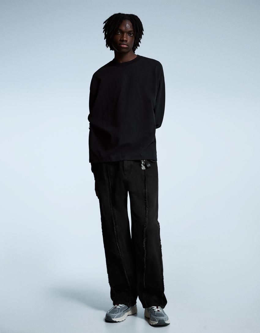 Super baggy fringe trousers-Black