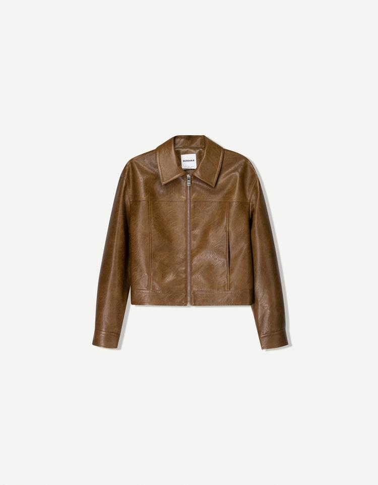 Leather effect trucker jacket with voluminous sleeves
