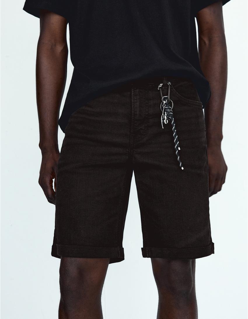 Roll-up denim Bermuda shorts-Black