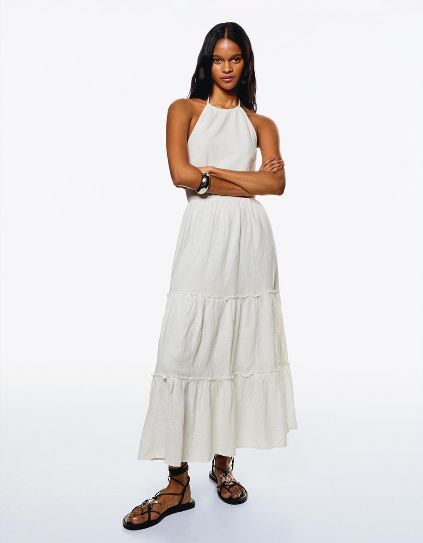 Vestido midi cuello halter volantes-Blanco