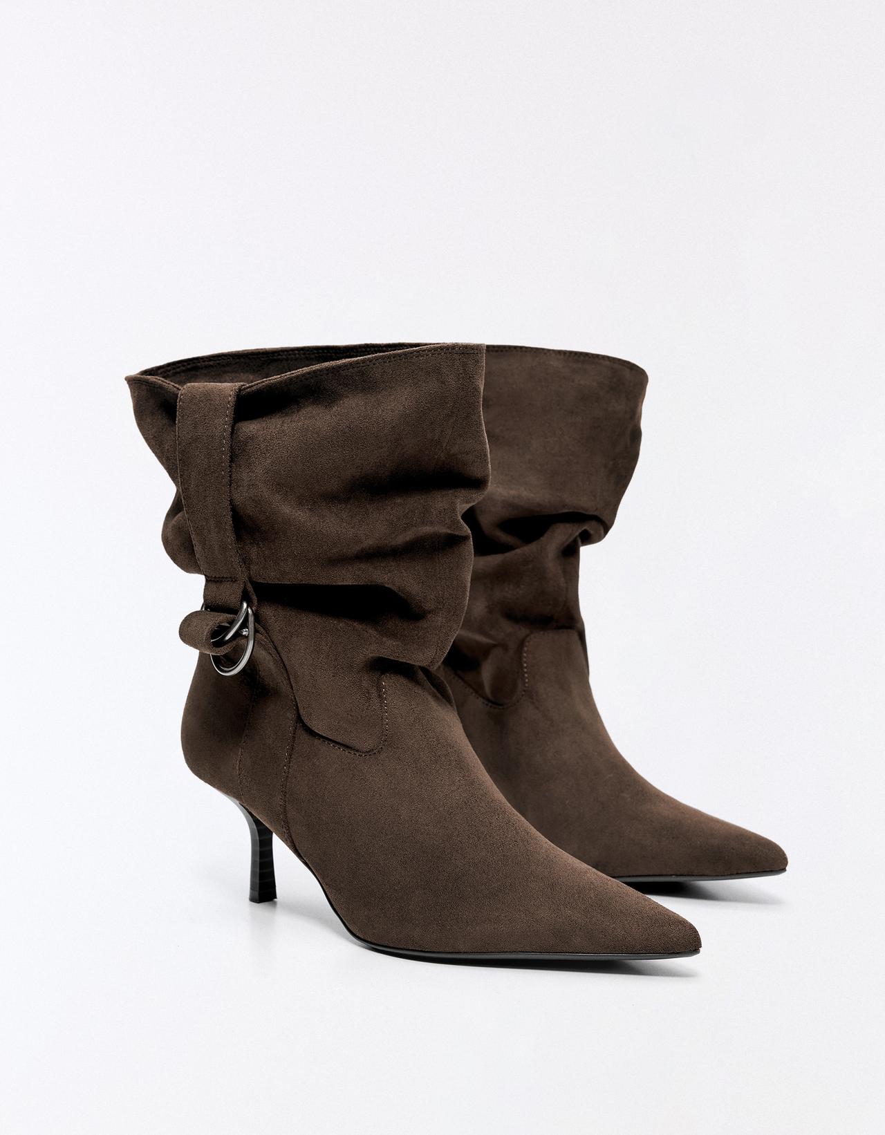 SLOUCHY BUCKLE HEEL ANKLE BOOTS — TAUPE