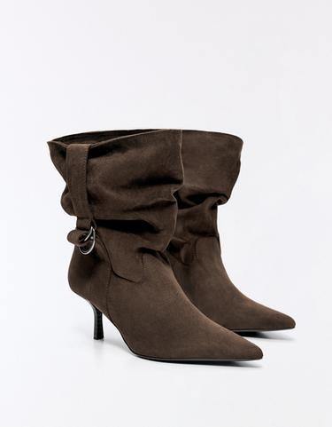 SLOUCHY BUCKLE HEEL ANKLE BOOTS — TAUPE 3