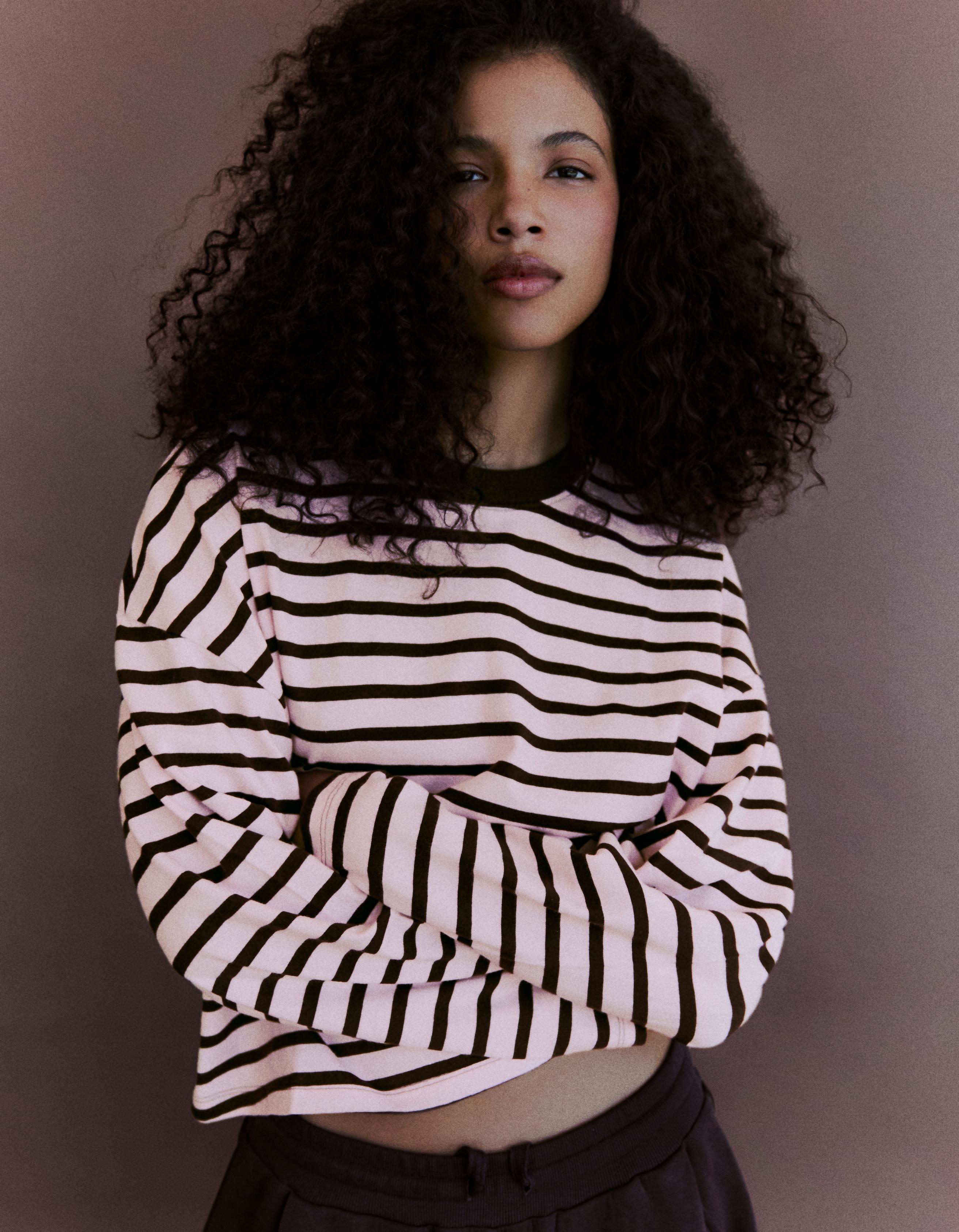 Striped boxy long sleeve T-shirt — Pink