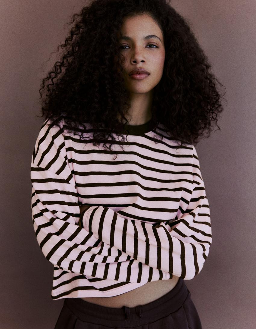 Camiseta manga larga boxy rayas-Rosa