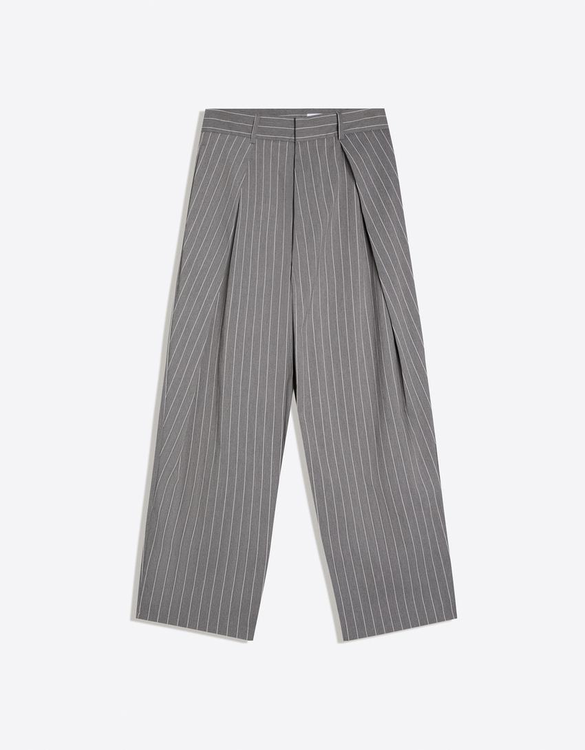 Çift pensli super baggy fit pantolon-Gri