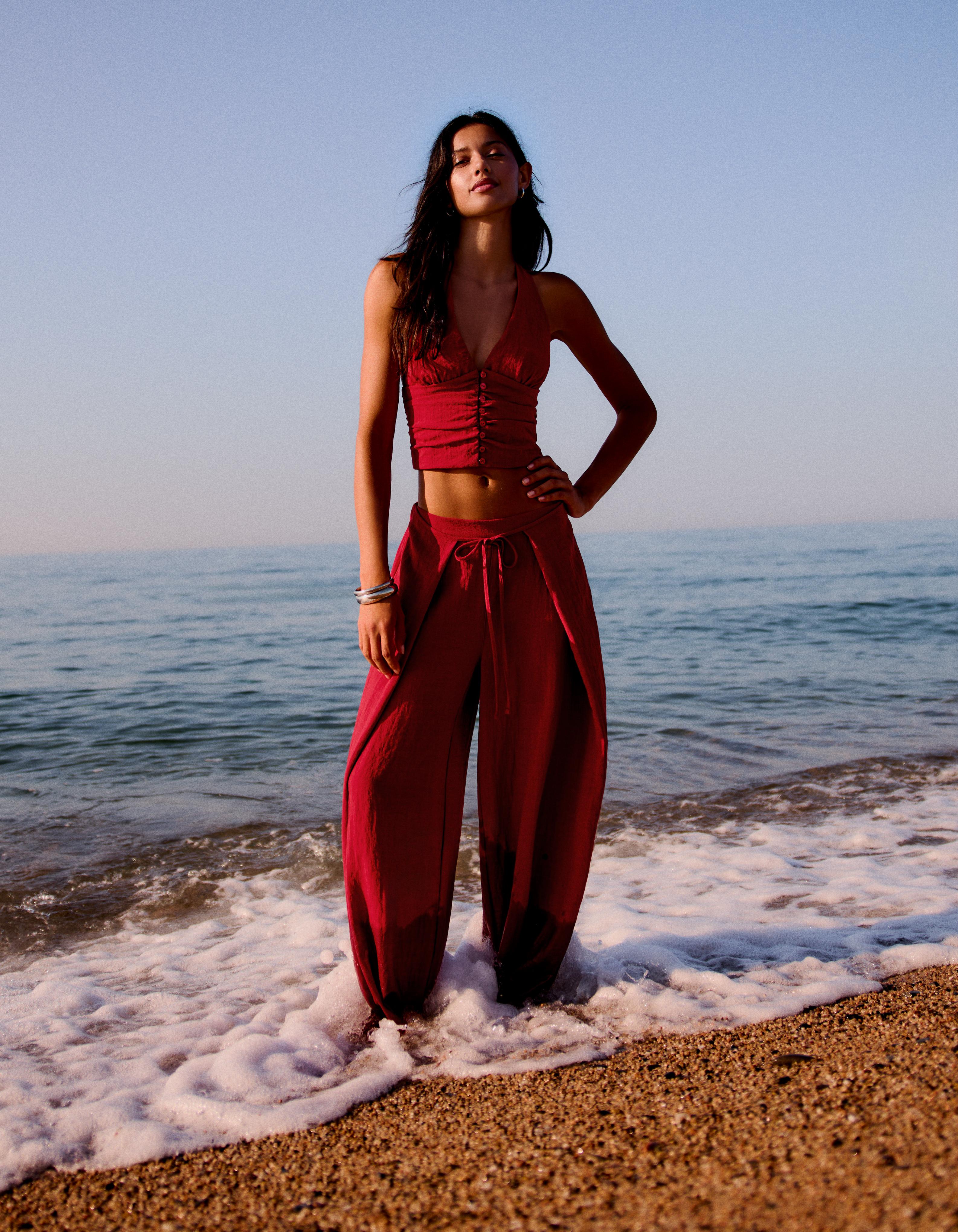 Rustic wide-leg pleated trousers — Red