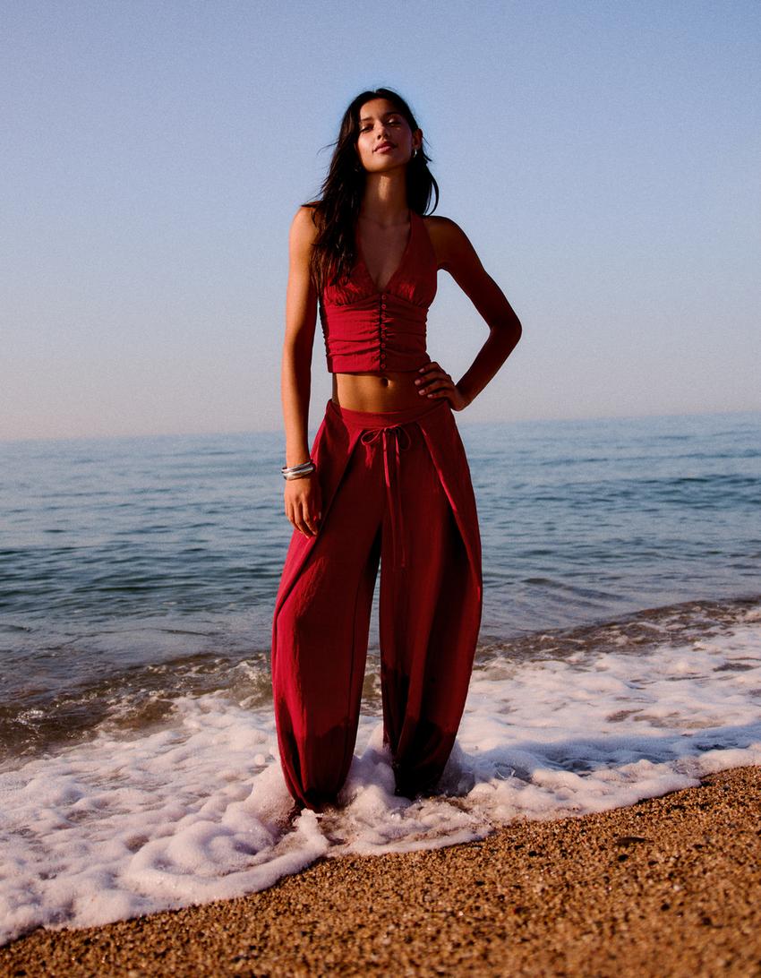 Rustik pileli wide leg pantolon-Kırmızı