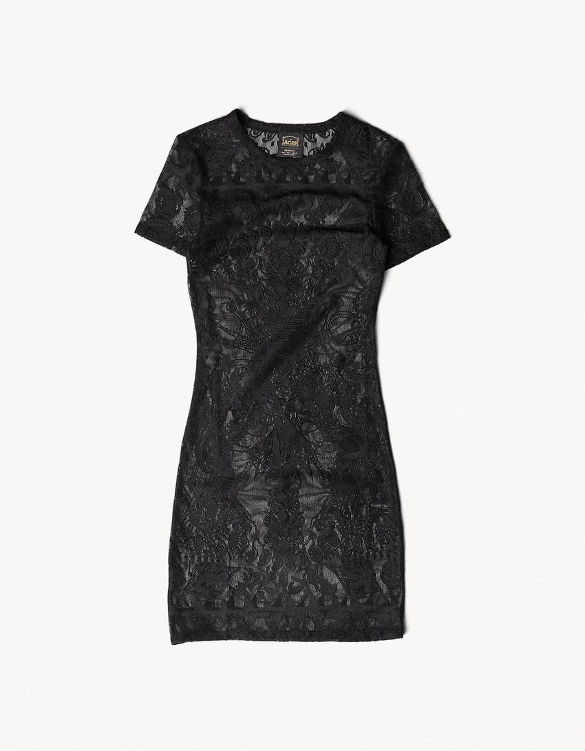 ARIES X BERSHKA kısa kollu dantel elbise-Siyah