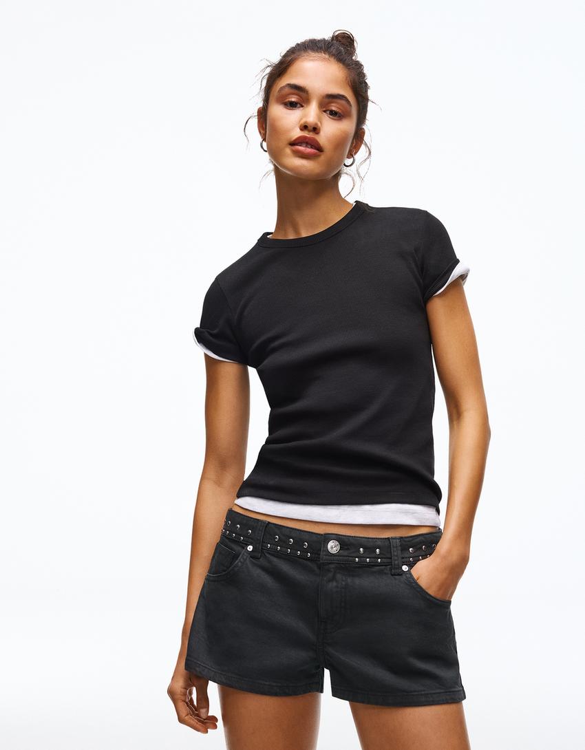 Zımbalı fitilli şort-Gri