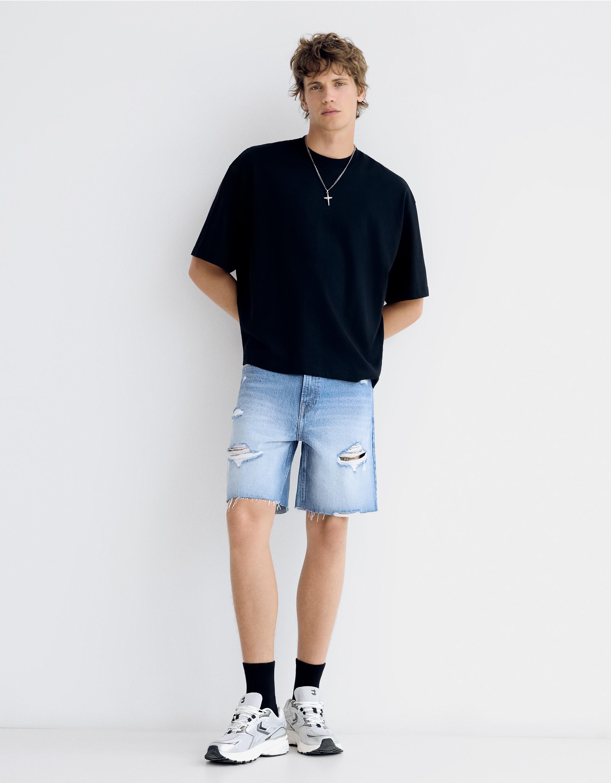 Bershka Bermuda Denim Rotos Hombre Azul Lavado