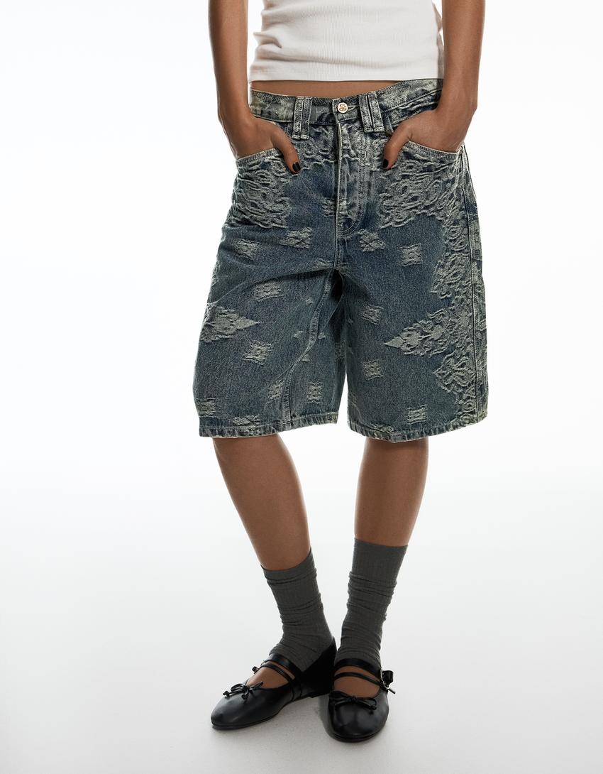 ARIES X BERSHKA denim bermuda şort-Açık mavi