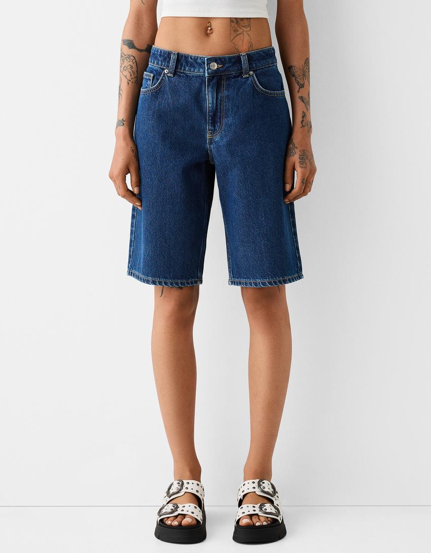 Straight-leg denim Bermuda shorts-Navy-3