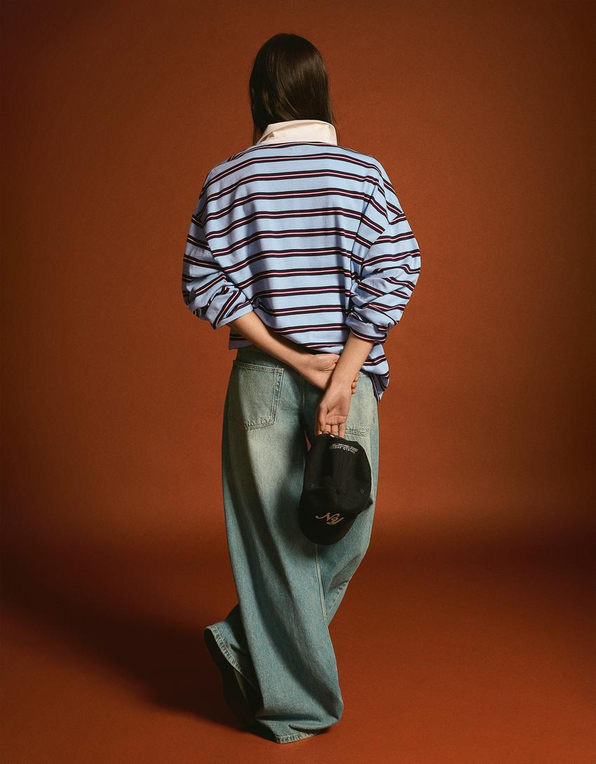 Printed polo collar long sleeve T-shirt-Light blue