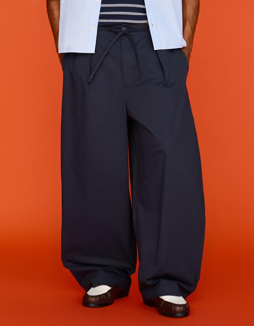 Pantalon barrel à pinces-Marine