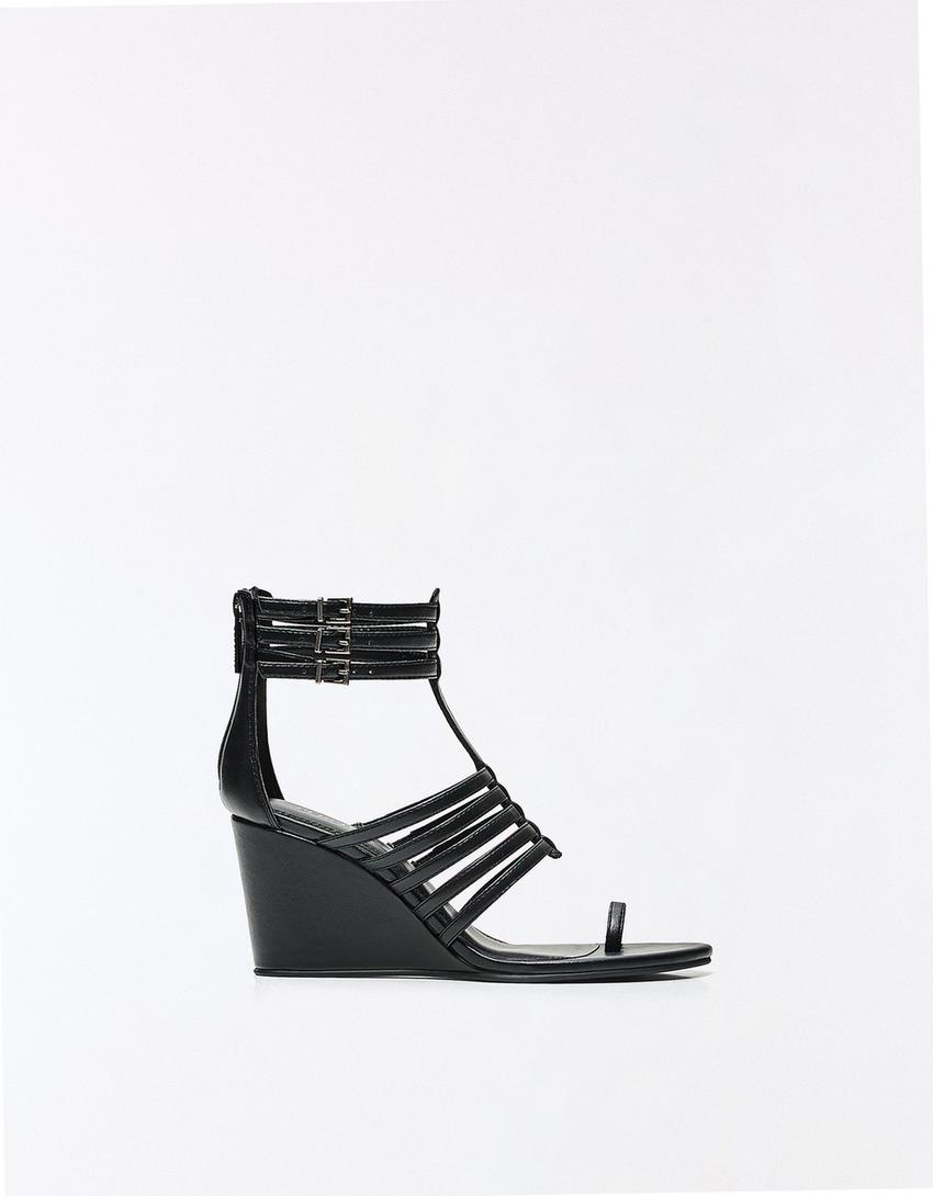 Multi-strap wedge sandal-BLACK