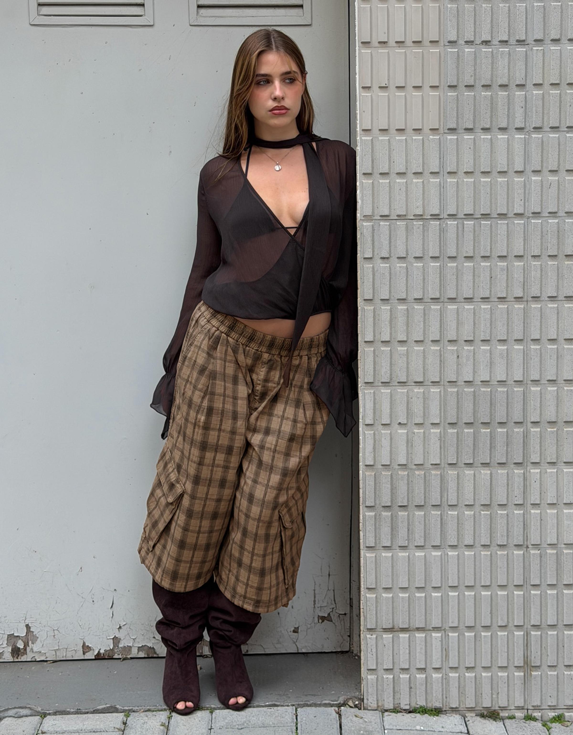 Bershka Blusa Manga Larga Cruzada Pañuelo Mujer L Marrón