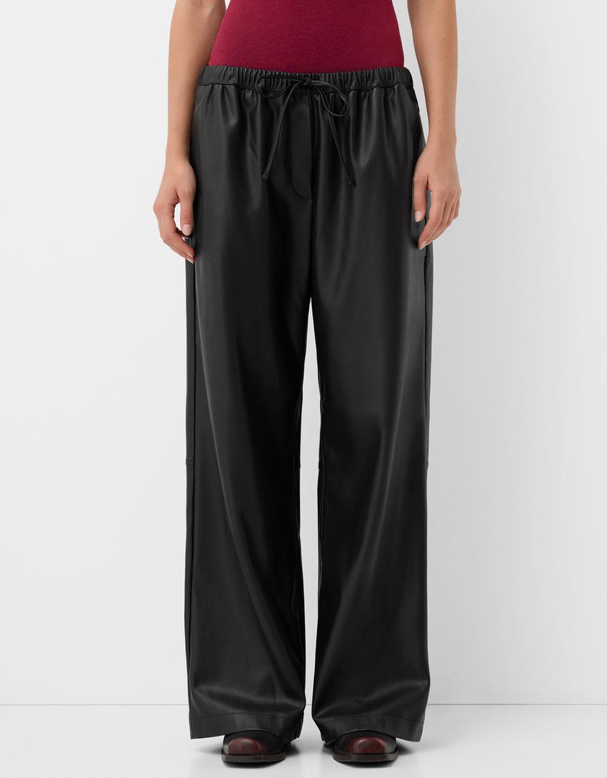 Faux leather wide-leg trousers-Black-1