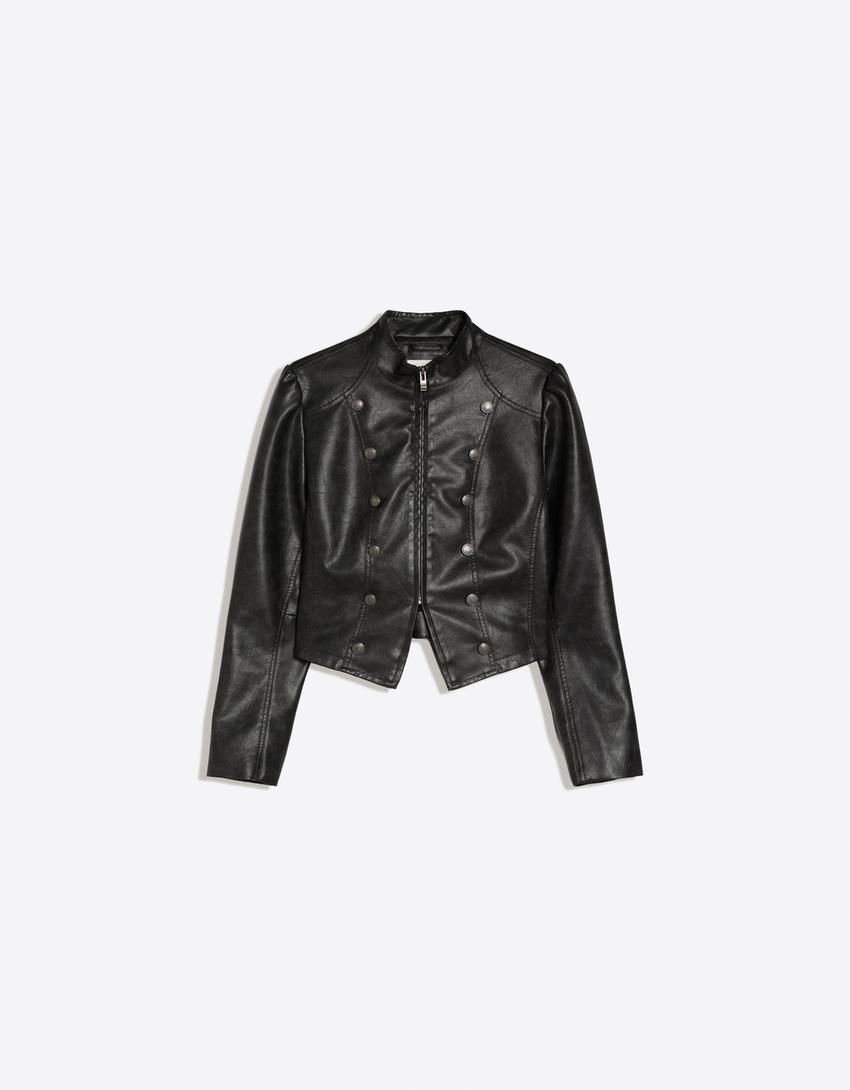 Faux leather button jacket-Dark grey