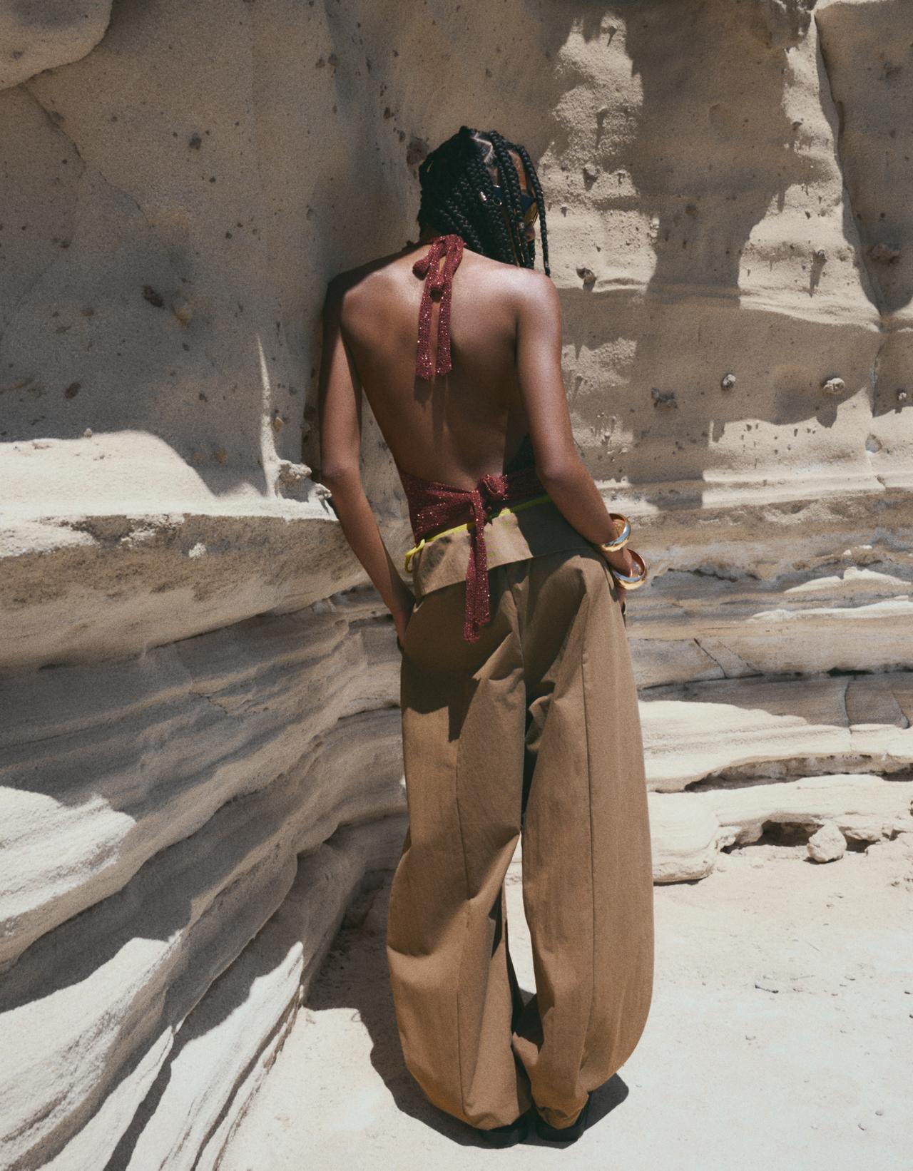 Draped halter top in metallic thread — Brown