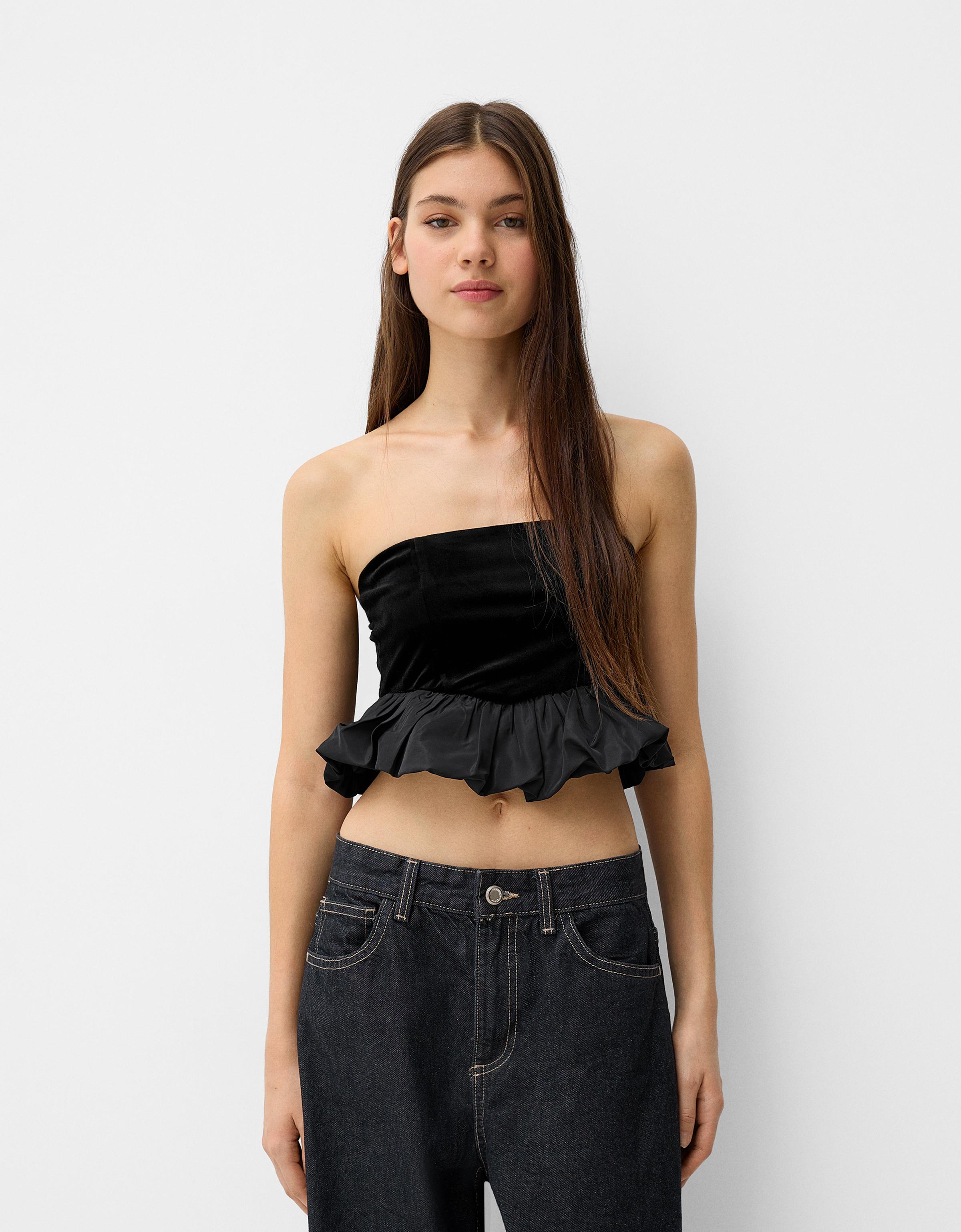 Bershka Velvet Bandeau-Top Damen L Schwarz