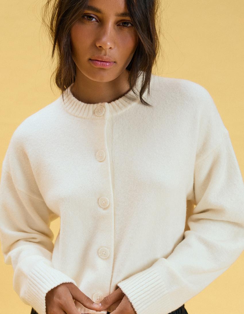 Soft touch round neck jacket-Cream