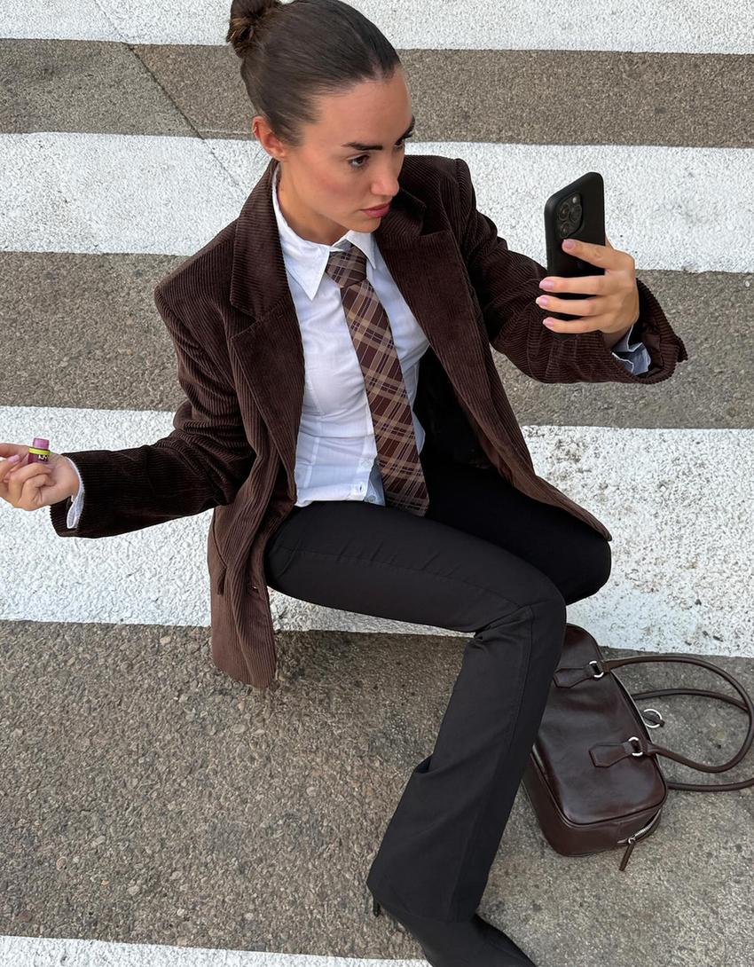 Fitilli kadife blazer-Kahverengi