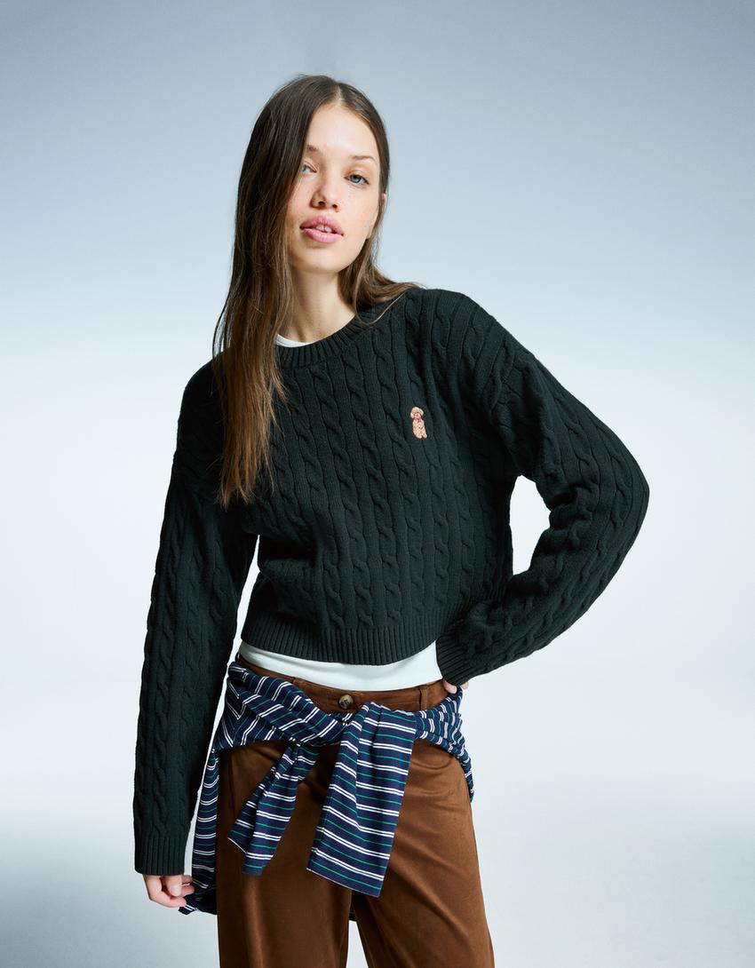 Embroidered cable-knit sweater-Green