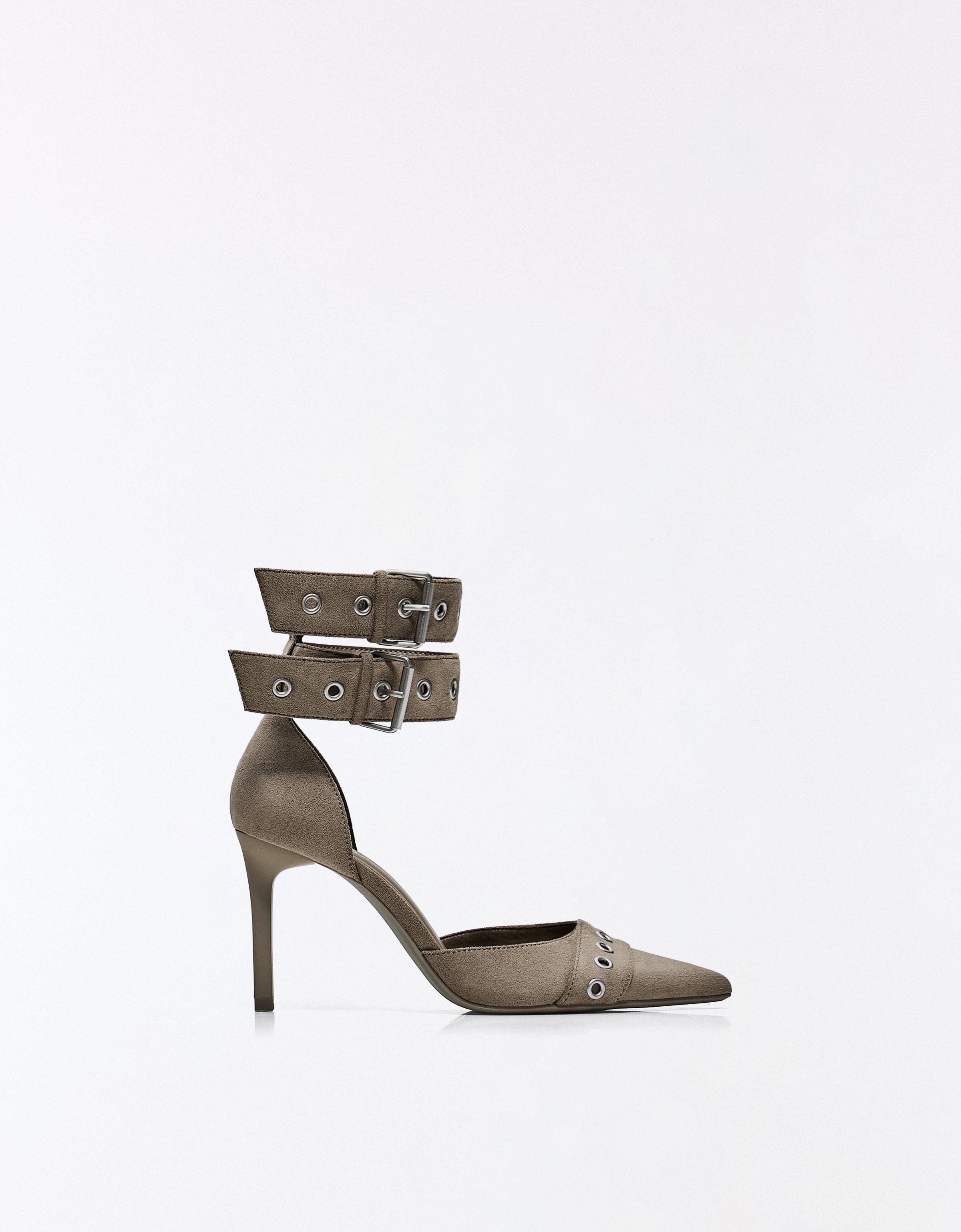 MULTI-BUCKLE ANKLE STRAP HEELS — SAND