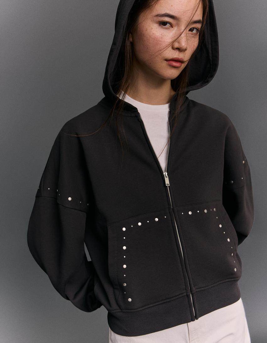 Fermuarlı kapüşonlu zımbalı sweatshirt-Koyu gri