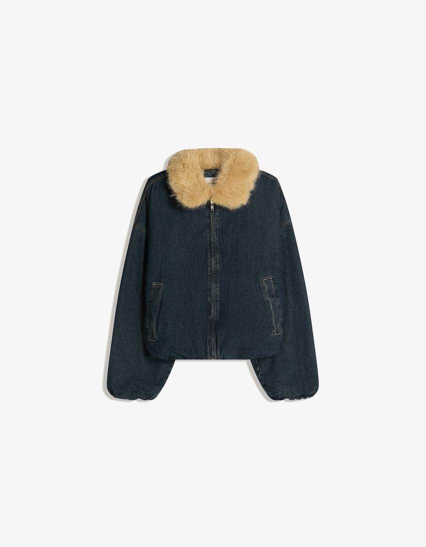 Jeansjacke mit Kunstfellkragen-Ausgewaschenes Blau