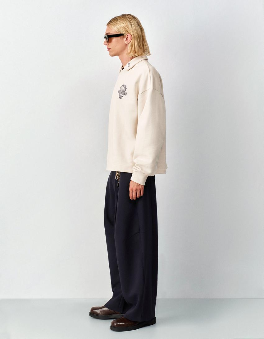 Long sleeve printed polo shirt-Cream